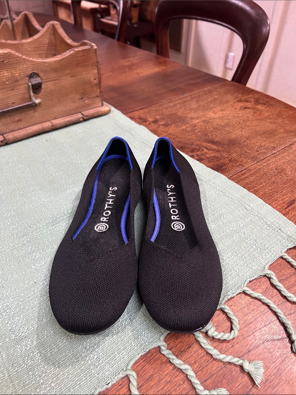 Rothy's Black Knit Ballet Flats with Blue Trim